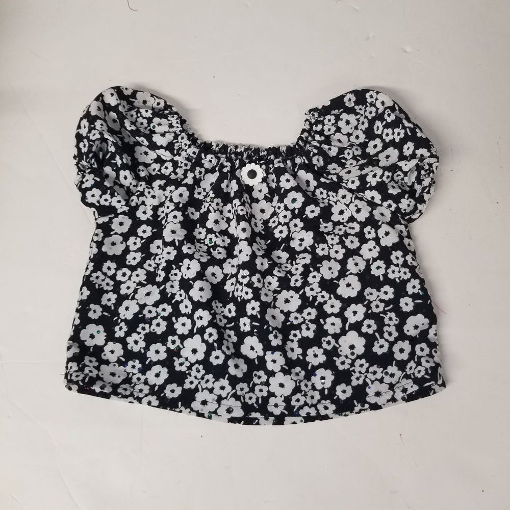 Black white cropped floral button crop top blouse puff short sleeves handmade